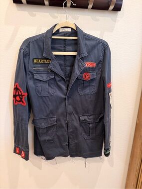 Elan Navy Blue Military Field Jacket with Red Patch Accents